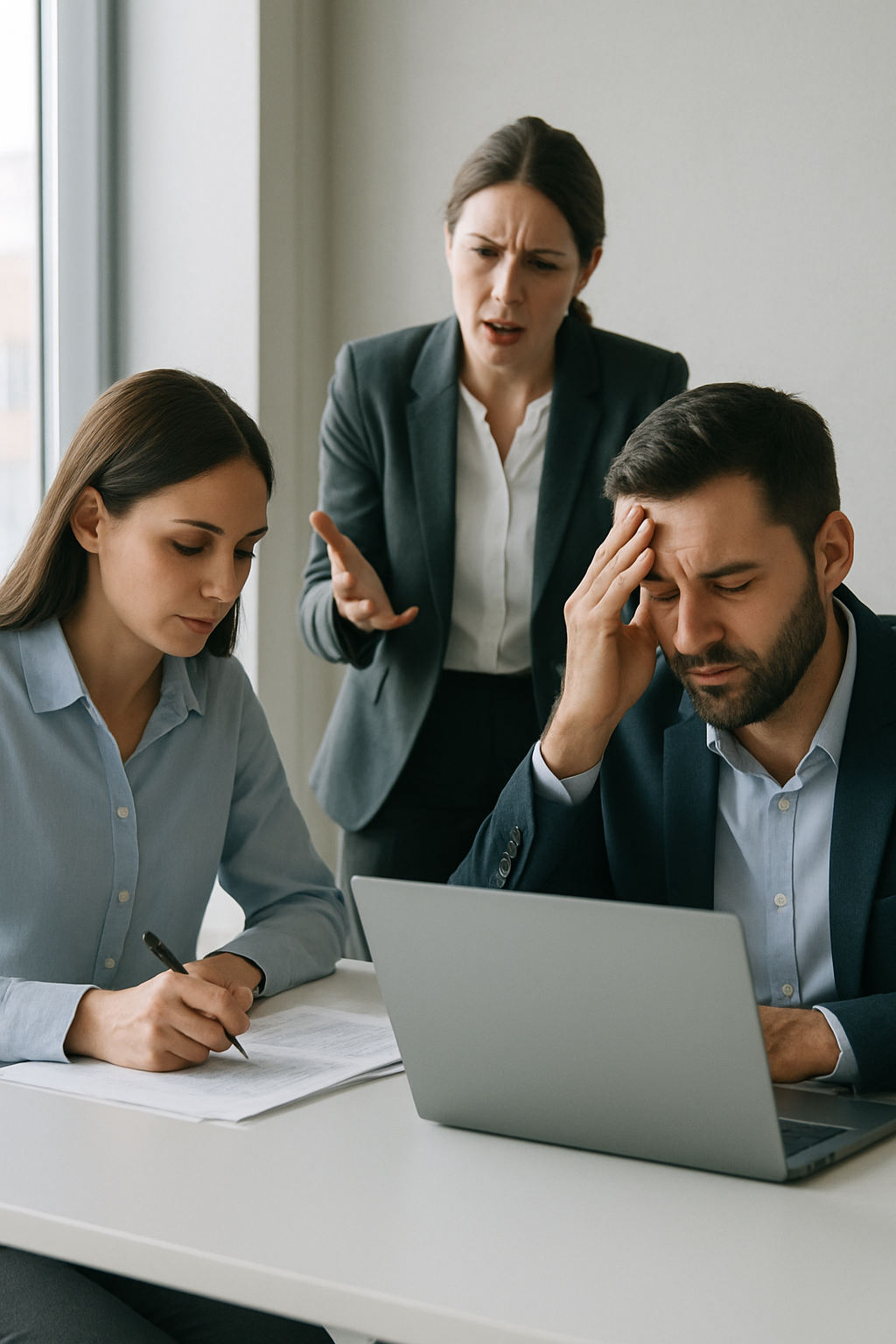 Photorealistic office scene with three professionals at a white desk Center open laptop right man with short dark hair and beard hand on forehead looking stressed left woman focused on paperwork slightly turned away behind them centerleft colleague i-1
